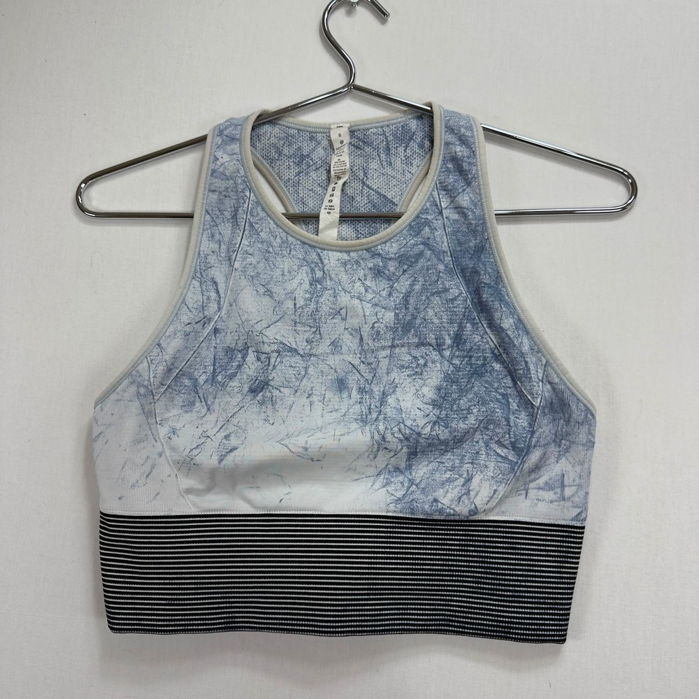 Lululemon High Neck Long Line Sports Bra Blue Abstract Print Size 8